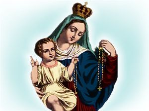 Image de Jésus Enfant dans le bras de Marie Reine, tenant tous deux un chapelet