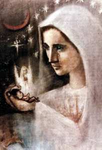 Image de Marie pleurant un foetus avorté, avec l'ange gardien du bébé.
