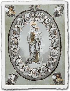 Gravure ancienne illustrant les 15 mystères du Rosaire